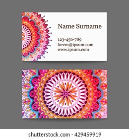 vector set of business cards in the national motive. Business card with colorful mandala for yoga salon, Spa, florist.Vector national design