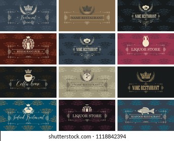 Vector set of business cards on the theme of food and drink for restaurant, seafood restaurant, coffee house, liquor store and pub in baroque style on ornate background with floral pattern.