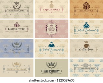 Vector set of business cards on the theme of food and drink for restaurant, seafood restaurant, coffee house, liquor store and pub in baroque style on ornate background with floral pattern.