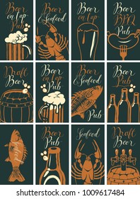 Vector set of business cards for the pub on the subject of beer and snacks from seafood with handwritten inscriptions in retro style on black background