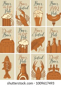 Vector set of business cards for the pub on the subject of beer and snacks from seafood with handwritten inscriptions in retro style
