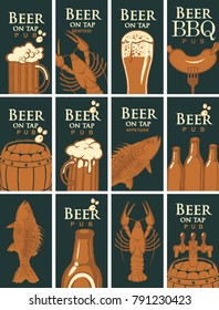 Vector set of business cards for the pub on the subject of beer and snacks from seafood
