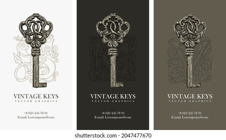 Vector Set Of Business Cards With Vintage Keys And Ornate Initial Letters. Antique Keys For Logo, Monogram, Flyer, Invitation. Suitable For Real Estate Agency, Jewelry, Beauty And Fashion Industry.