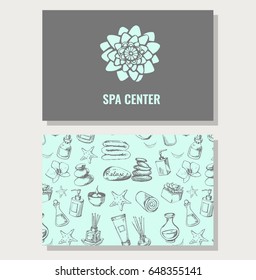 Vector set of business cart with logotype and pattern. Spa center.
