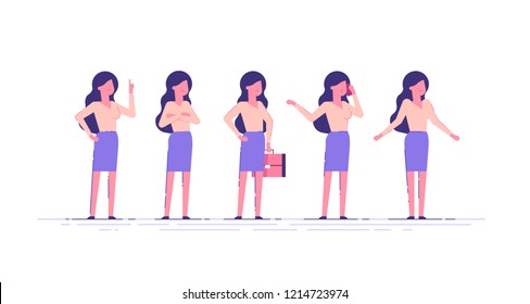 Vector set of business characters poses and actions. A beautiful businesswoman standing with arms crossed, talking on phone, shrugging, holding up his finger.