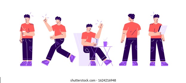 Vector set of business characters poses and actions. A handsome businessman with beard standing with arms crossed, talking on phone, shrugging, holding up his finger. Flat style modern design illustra
