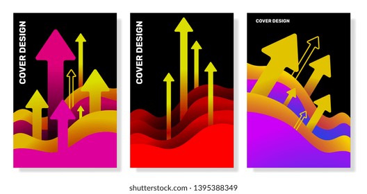 Vector set of business composition with arrow grow up. Creative 3d background with color paper cut wave shapes. Template layout concept design for web, site, vertical banner, poster, presentation