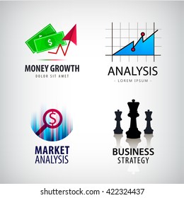 Vector set of business concept logos, business strategy logo with chess, market and financial analysis logos, money growth logos