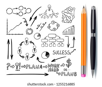 Vector Set of Business Doodles, Hand Drawn Icons with Pen and Pencil Isolated on White Background, Sketches.