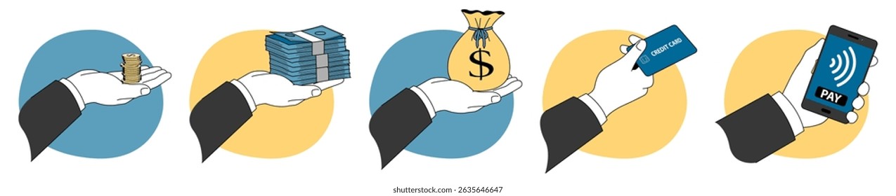 Vector set of business hand icons showing money and payment methods