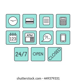 Vector set of business icons, blue square symbols isolated