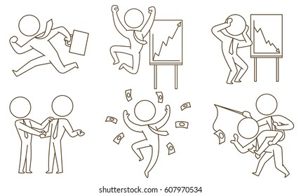 Vector set of business icons with cartoon images of businessmen in ties, in different business situations and with various business attributes on a white background. Business, office. Line art. 