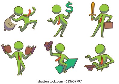 Vector set of business icons with cartoon images of green businessmen in red ties in different business situations on a white background. Business, work, office. Color image.