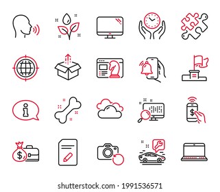 Vector Set of Business icons related to Information, Winner flag and Dog bone icons. Cloudy weather, Salary and Edit document signs. Safe time, Puzzle and Recovery photo. Phone payment. Vector