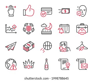 Vector Set of Business icons related to Approved agreement, Paper plane and Payment methods icons. Slow fashion, Face accepted and Internet warning signs. Crown, Mail letter and Basketball. Vector