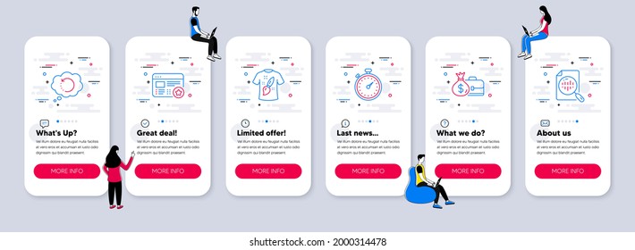 Vector Set of Business icons related to Salary, T-shirt design and Timer icons. UI phone app screens with teamwork. Favorite, Recovery data and Analytics chart line symbols. Vector