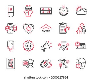 Vector Set of Business icons related to Coffee vending, Refrigerator and Swipe up icons. Sunny weather, Wedding rings and Time signs. Employee result, Augmented reality and Video conference. Vector
