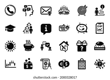 Vektorset von Business-Icons im Zusammenhang mit Bildung Idee, Consulting Business und Divider-Dokument-Symbole. Kaffeetasse, Messages und Graduationsschilder. Candlestick-Grafik, Geheimgeschenk. Vektorgrafik