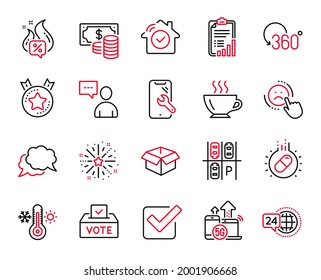 Vector Set of Business icons related to Full rotation, Coffee and Checklist icons. Dislike, Opened box and Vote box signs. Checkbox, Ranking star and 24h service. Chat message, Thermometer. Vector