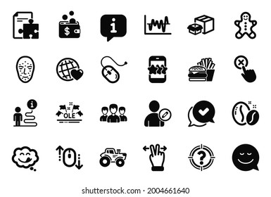 Vector Set of Business icons related to Edit user, Group and Star icons. Coffee beans, Smile and Yummy smile signs. Touchscreen gesture, Burger and Gingerbread man. Computer mouse, Tractor. Vector