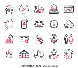 Vector Set of Business icons related to Mail, Report timer and Wash t-shirt icons. Justice scales, Carousels and 24 hours signs. Dirty spot, Medical drugs and Help. Restroom, Question mark. Vector