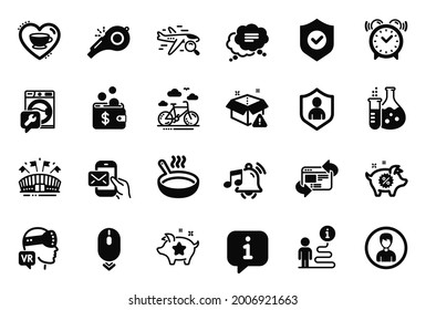 Vector Set of Business icons related to Sports arena, Washing machine and Text message icons. Alarm clock, Love coffee and Person signs. Search flight, Bike rental and Scroll down. Whistle. Vector
