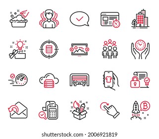 Vector Set of Business icons related to Image carousel, Buildings and Group icons. Parking garage, Cloud server and Group people signs. Creative idea, Hand washing and Security contract. Vector