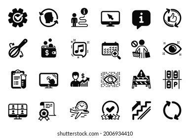 Vector Set of Business icons related to Touch screen, Refresh and Medical analyzes icons. Business growth, Health eye and Refresh like signs. Face id, Certificate and Flight time. Cogwheel. Vector