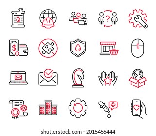 Vector Set of Business icons related to Customisation, Construction document and Global engineering icons. Wallet money, Dating app and Delivery service signs. Teamwork, Ranking and E-mail. Vector