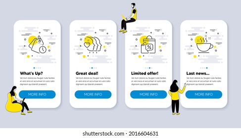 Vector Set of Business icons related to Time management, Sale bags and Friends couple icons. UI phone app screens with people. Coffee cup line symbols. Vector
