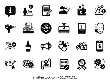 Vector Set of Business icons related to Hair dryer, Cogwheel blueprint and Refrigerator icons. Swipe up, Medical tablet and Scotch bottle signs. Time management, Windy weather and Megaphone. Vector