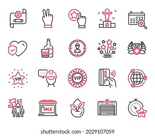 Vector Set of Business icons related to Fireworks stars, Headhunting and Vip star icons. Vip timer, Cogwheel blueprint and Market sale signs. Whiskey glass, Foreman and Contactless payment. Vector