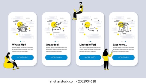 Vector Set of Business icons related to Distribution, Ice cream and Dots message icons. UI phone app screens with people. Delivery market line symbols. Vector