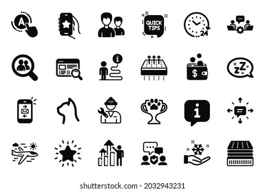 Vector Set of Business icons related to Pets care, Winner cup and Security agency icons. Deluxe mattress, Breathable mattress and Sleep signs. Airplane travel, Ab testing and Repairman. Vector