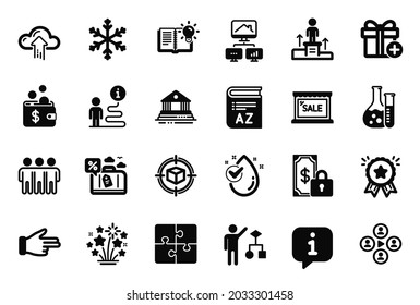 Vector Set of Business icons related to Algorithm, Cloud upload and Private payment icons. Product knowledge, Puzzle and Work home signs. Parcel tracking, Water drop and Sale. Click hand. Vector