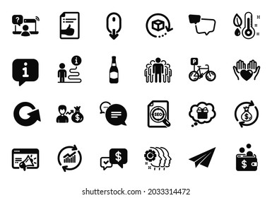 Vector Set of Business icons related to Speech bubble, Payment received and Beer bottle icons. Bicycle parking, Seo file and Scroll down signs. Group, Thermometer and Paper plane. Reload. Vector