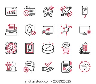 Vector Set of Business icons related to Copywriting, Smile and Medical tablet icons. Augmented reality, Window cleaning and Chemical formula signs. Seo adblock, Web traffic and Typewriter. Vector