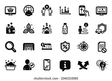 Vector Set Of Business Icons Related To Web Shop, Survey Results And Global Engineering Icons. Parking Garage, Wrong File And Water Bottle Signs. Info Bubble, Journey Path. Vector