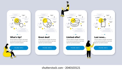 Vector Set of Business icons related to Seo target, Puzzle time and Pie chart icons. UI phone app screens with people. Refrigerator line symbols. Click aim, Jigsaw game, 3d graph. Vector