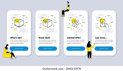 Vector Set of Business icons related to Parcel, Love gift and Delivery box icons. UI phone app screens with people. Finance line symbols. Shipping box, Heart present, Cargo package. Eur cash. Vector