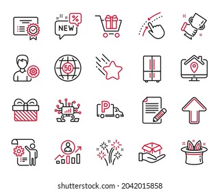 Vector Set of Business icons related to Certificate, Work home and Settings blueprint icons. Support, Upload and Truck parking signs. Gift, Swipe up and Falling star. Teamwork, Fireworks. Vector