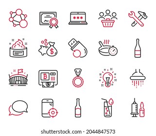 Vector Set Of Business Icons Related To Idea, Flash Memory And Spanner Tool Icons. Loan, Frying Pan And Integrity Signs. Skin Cream, Messenger And Beer. Buyers, Bitcoin Atm And Water Glass. Vector