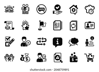 Vector Set of Business icons related to Ranking stars, Speech bubble and Remove account icons. Coins bags, Sports arena and Approved checkbox signs. Cooking timer, Flag and Search document. Vector