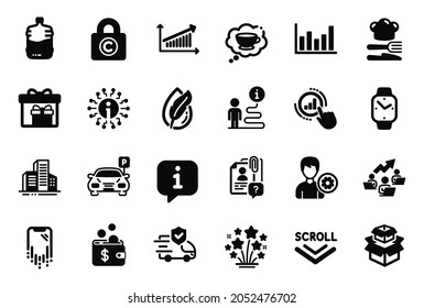 Vector Set of Business icons related to Teamwork chart, Chart and Delivery boxes icons. Parking, Cooler bottle and Food signs. Info, Fireworks stars and Hypoallergenic tested. Buildings. Vector