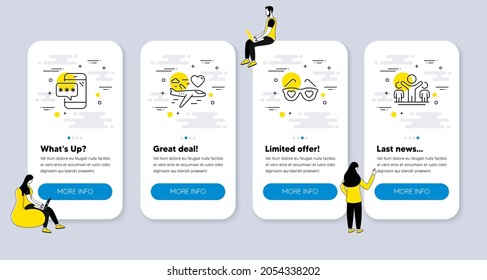 Vector Set of Business icons related to Phone password, Honeymoon travel and Love glasses icons. UI phone app screens with people. Winner line symbols. Vector
