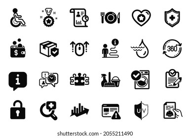 Vector Set of Business icons related to Heart, Time management and Rfp icons. Internet warning, Parcel insurance and Report signs. Food, Puzzle and Medical shield. Winner reward, Swipe up. Vector