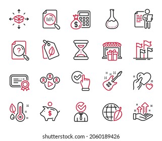 Vector Set of Business icons related to Chemistry lab, Job interview and Video conference icons. Hold heart, Search file and Analysis graph signs. Environment day, Piggy bank and Time. Vector