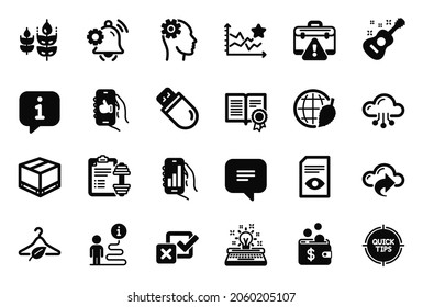 Vector Set of Business icons related to Gluten free, Usb stick and Engineering icons. Like app, Dumbbell and Cloud computing signs. Environment day, Warning briefcase and Tips. Cloud share. Vector