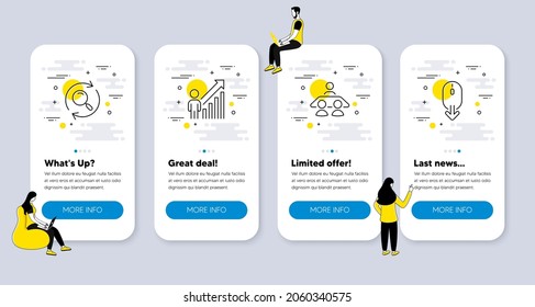 Vector Set of Business icons related to Search, Employee result and Interview job icons. UI phone app screens with people. Scroll down line symbols. Find results, Business growth, Consulting. Vector