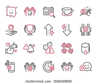 Vector Set of Business icons related to Search calendar, Smile and Attention bell icons. Energy growing, Espresso and Like signs. Dumbbells, Drop counter and Energy drops. Employee hand. Vector